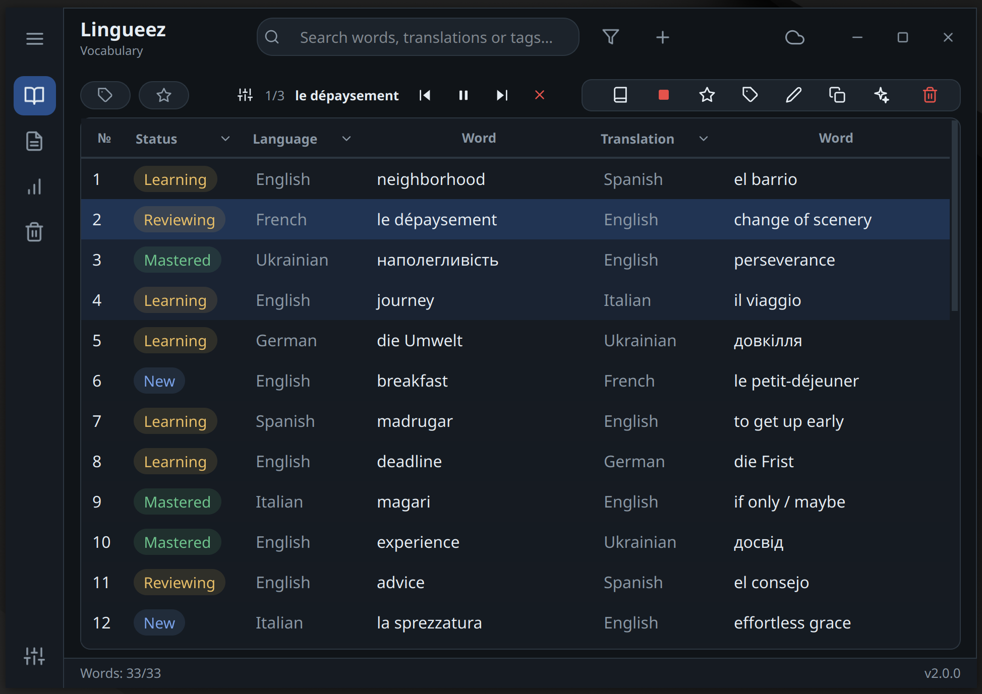 The Lingueez vocabulary list, with words color-coded by learning status.