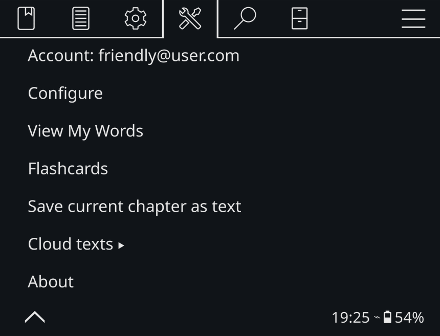 The Lingueez menu on a KOReader e-reader: View My Words, Flashcards, Save current chapter as text, and Cloud texts.