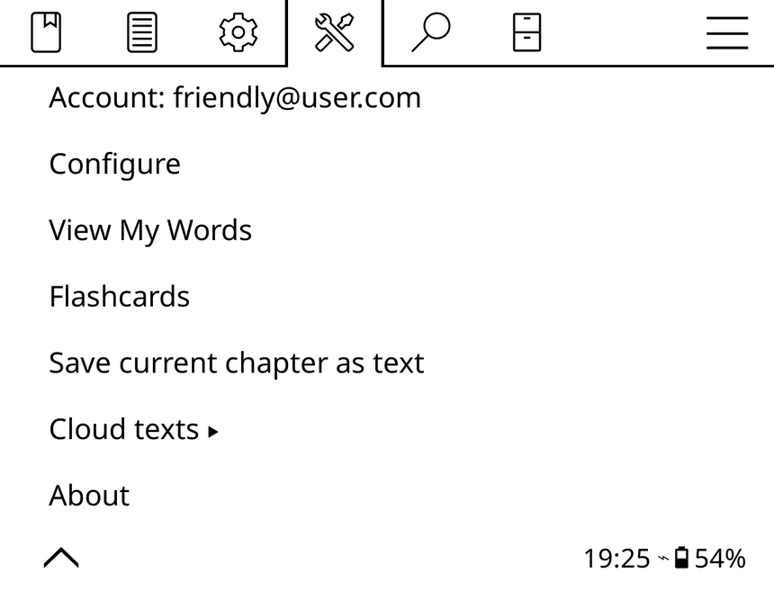 The Lingueez menu on a KOReader e-reader: View My Words, Flashcards, Save current chapter as text, and Cloud texts.