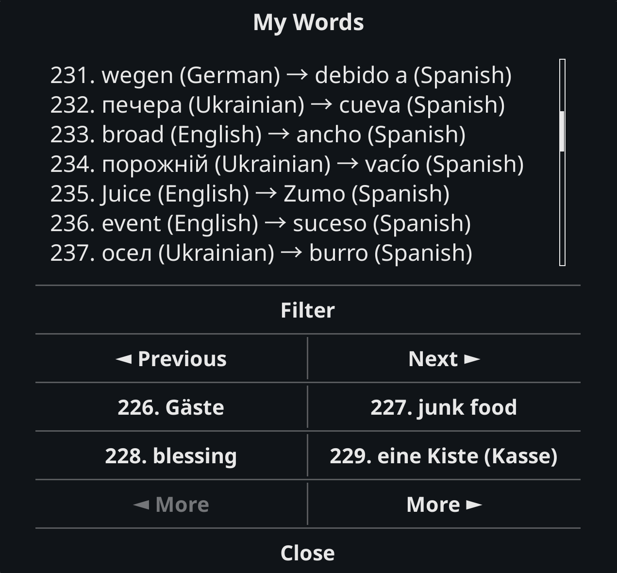 The My Words list from the Lingueez plugin on a KOReader e-reader.
