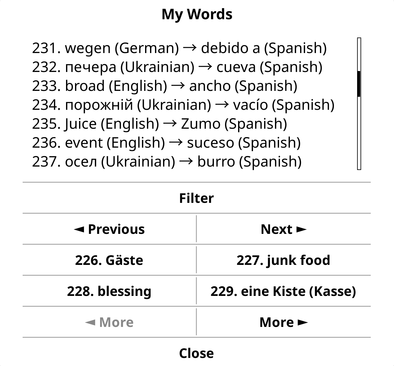 The My Words list from the Lingueez plugin on a KOReader e-reader.