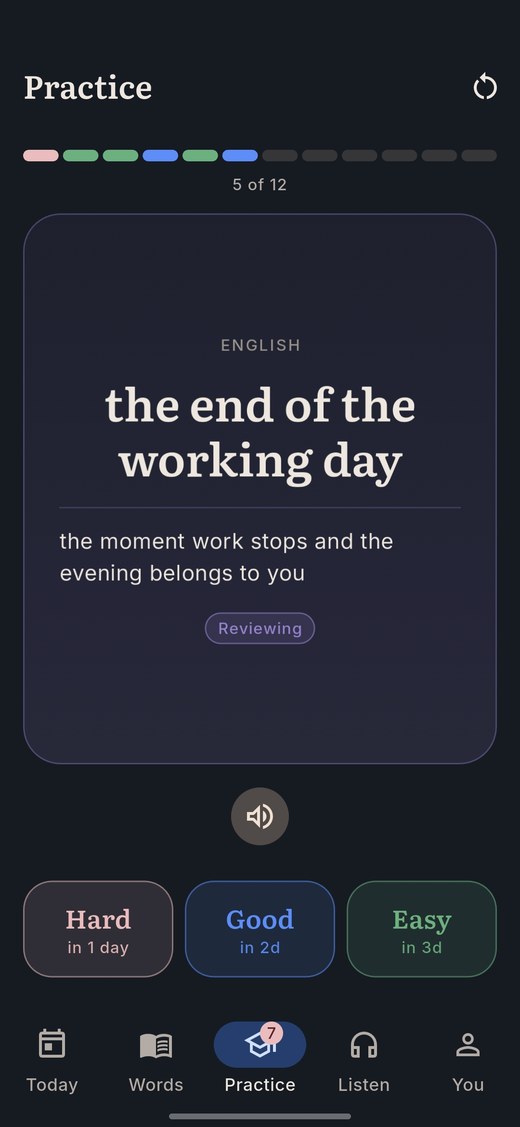 A flashcard in the Lingueez Android app with the Hard, Good and Easy grading buttons.