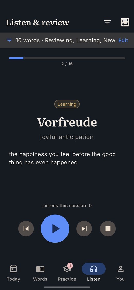 The Lingueez Android app playing a deck aloud, with playback controls.