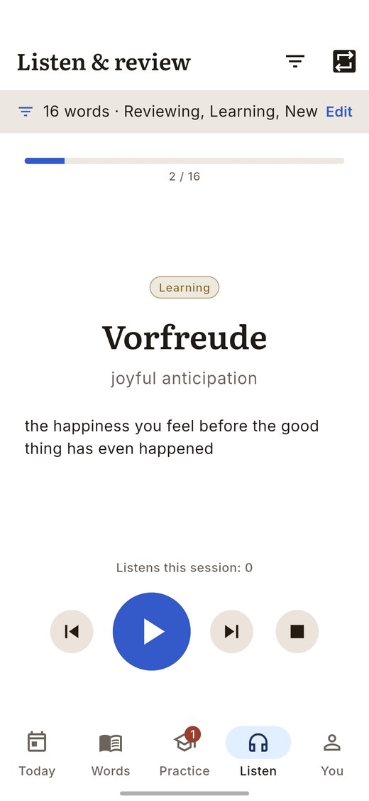 The Lingueez Android app playing a deck aloud, with playback controls.