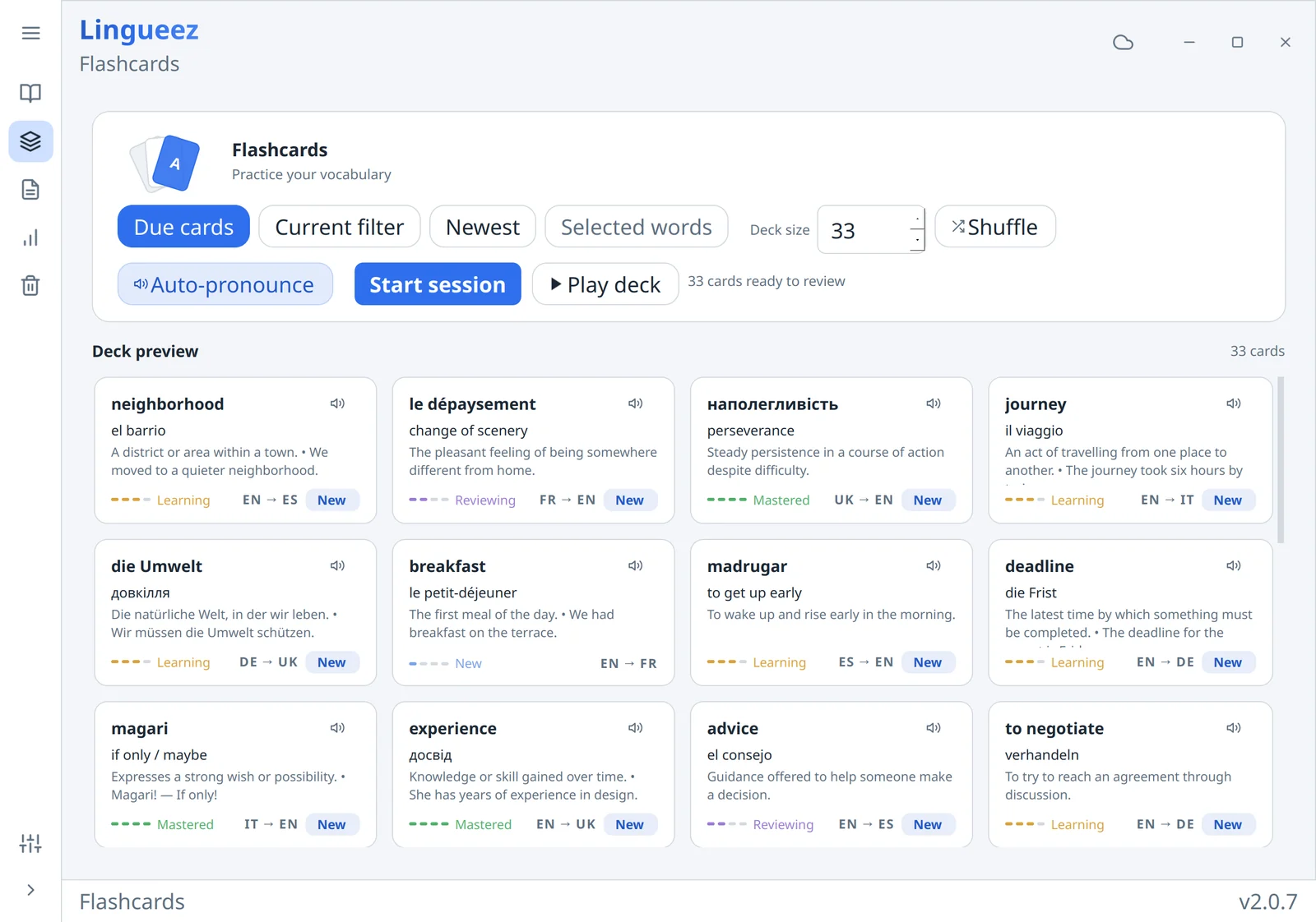 The Lingueez flashcards page: a deck built from the vocabulary list, ready to review.