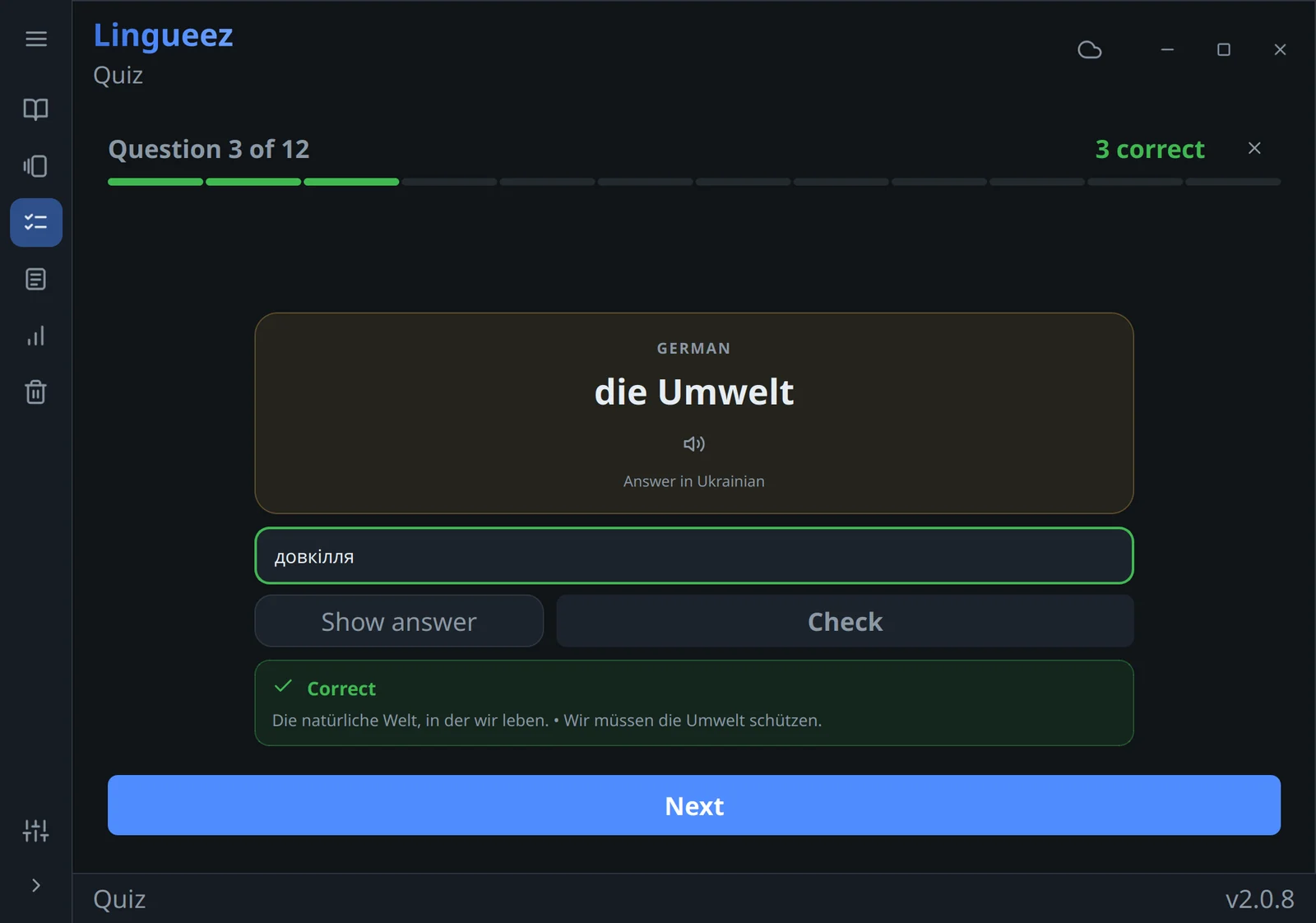 A Lingueez quiz in typing mode: the answer typed in and marked correct, with the word's definition below it.