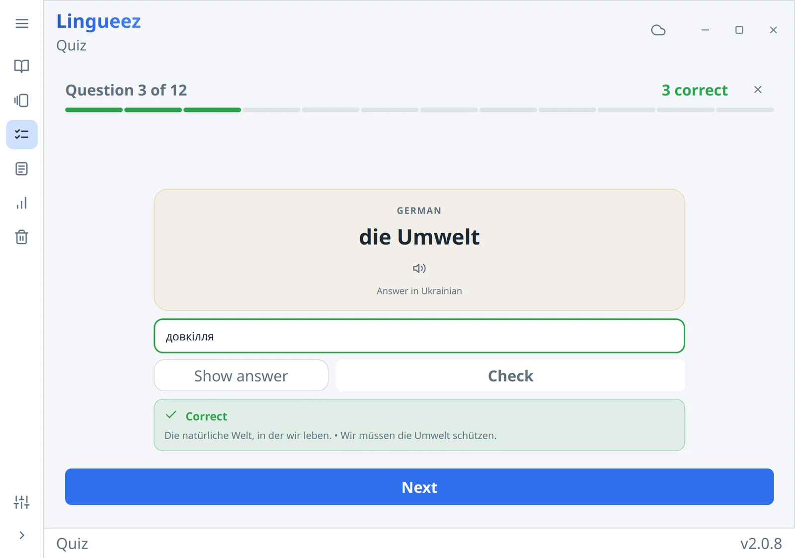 A Lingueez quiz in typing mode: the answer typed in and marked correct, with the word's definition below it.