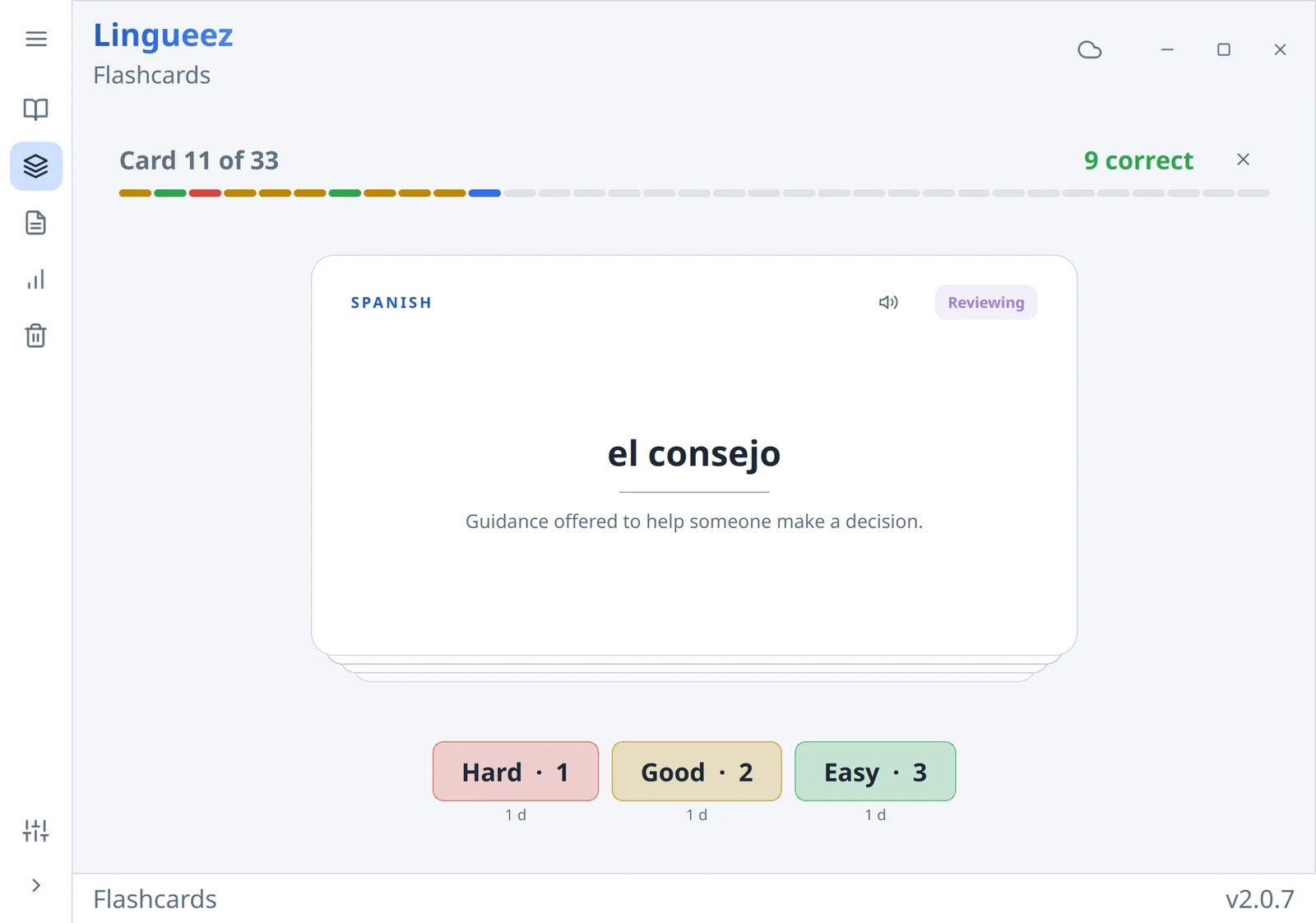 A Lingueez review session: a card face up with the spaced-repetition grading buttons.