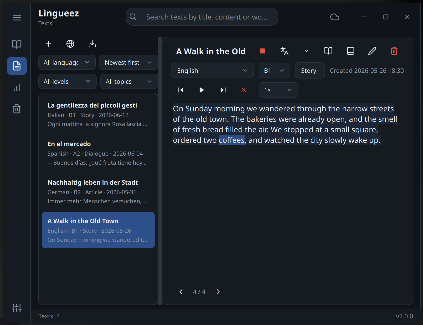 The Lingueez reader showing a text with a side-by-side translation.